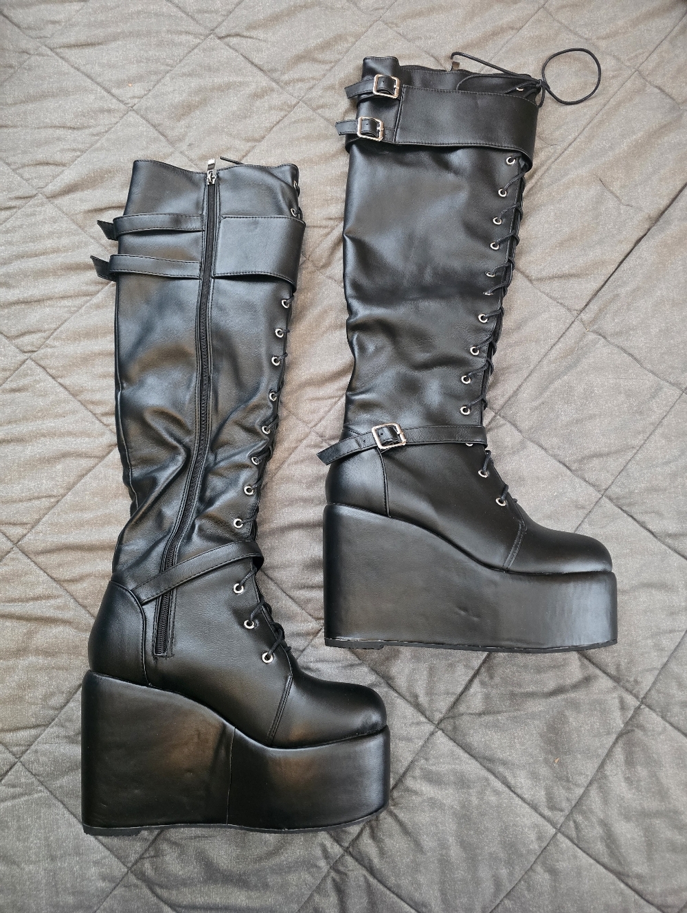 Black Lace-Up Platform Knee-High Boots with Buckle Straps